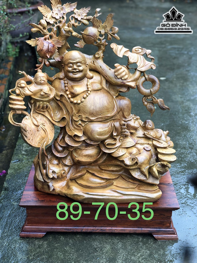 Tượng Phật Di Lặc Nhị Phúc Vác Cành Đào Gỗ Hương Cao 89 Ngang 70 Sâu 35 (cm)
