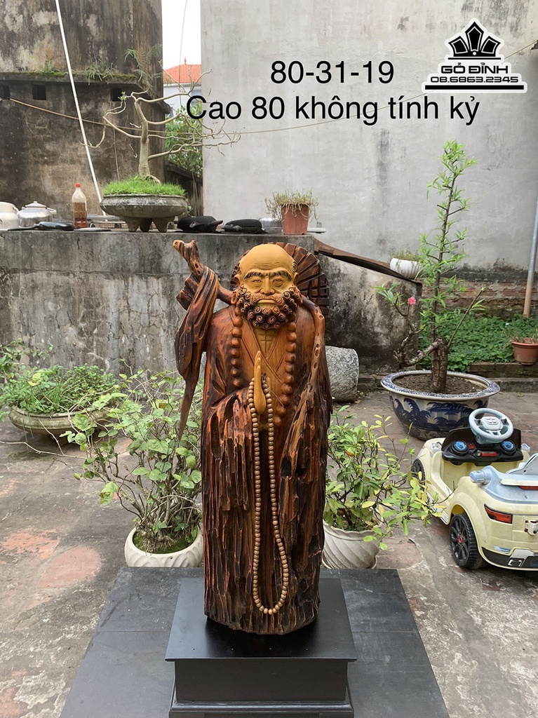 Tượng Đạt Ma Sư Tổ Gỗ Lũa Dổi Cao 80 Ngang 31 Sâu 19 (cm)