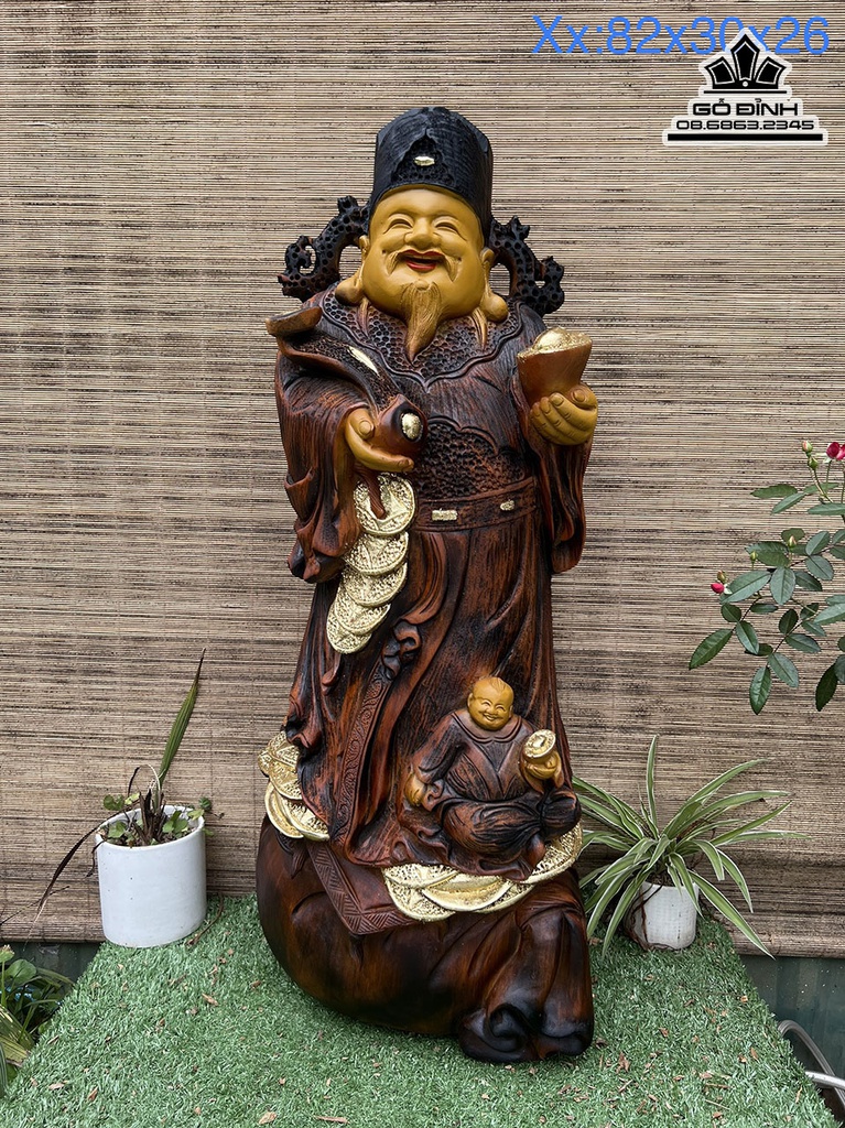 Tượng Thần Tài Gỗ Xá Xị Cao 82 Ngang 30 Sâu 26 (cm)