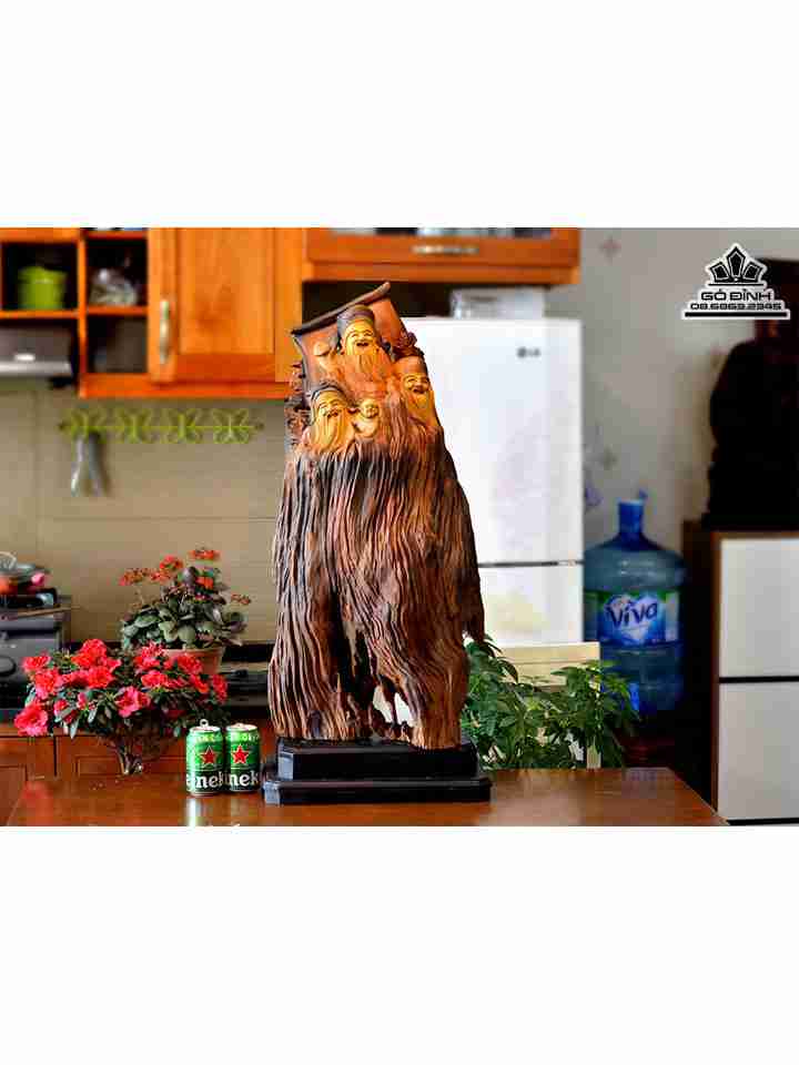 Tượng Tam Đa Phúc Lộc Thọ Gỗ Lũa Bách Xanh  Cao 91 Ngang 38 Dày 20 (cm)