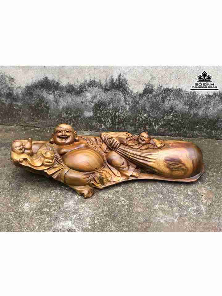 Tượng Phật Di Lặc Kéo Bao Tiền Gỗ Bách Xanh  Cao 14 Ngang 52 Sâu 16 (cm)