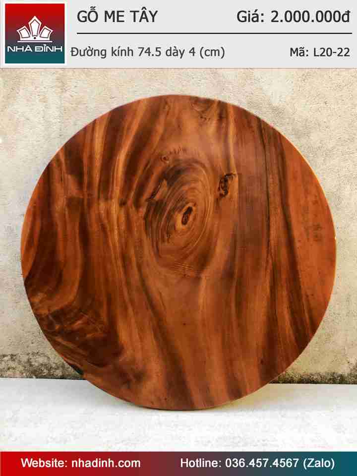 Mặt Bàn Tròn Gỗ Me Tây Nguyên Khối Đường Kính 74,5 Dày 4 (cm) 