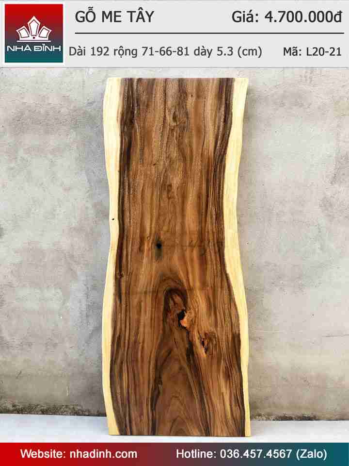 Mặt Bàn Gỗ Me Tây Nguyên Khối Dài 192 Rộng 71-66-81 Dày 5,3 (cm) 