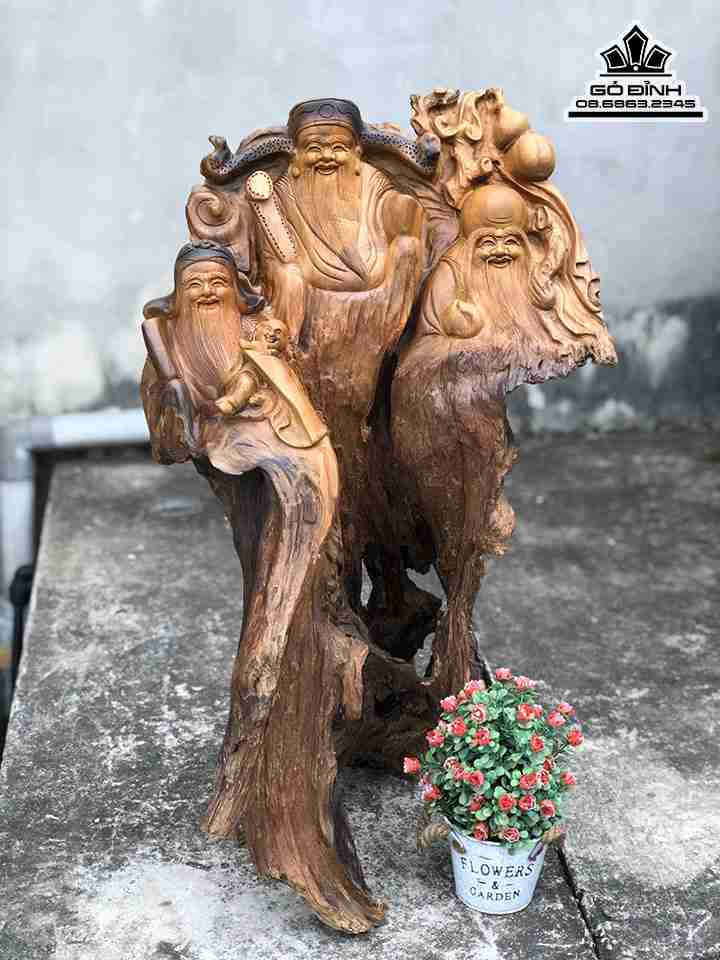 Tượng Tam Đa Phúc Lộc Thọ Gỗ Bách Xanh  Cao 76 Ngang 43 Sâu 40 (cm)