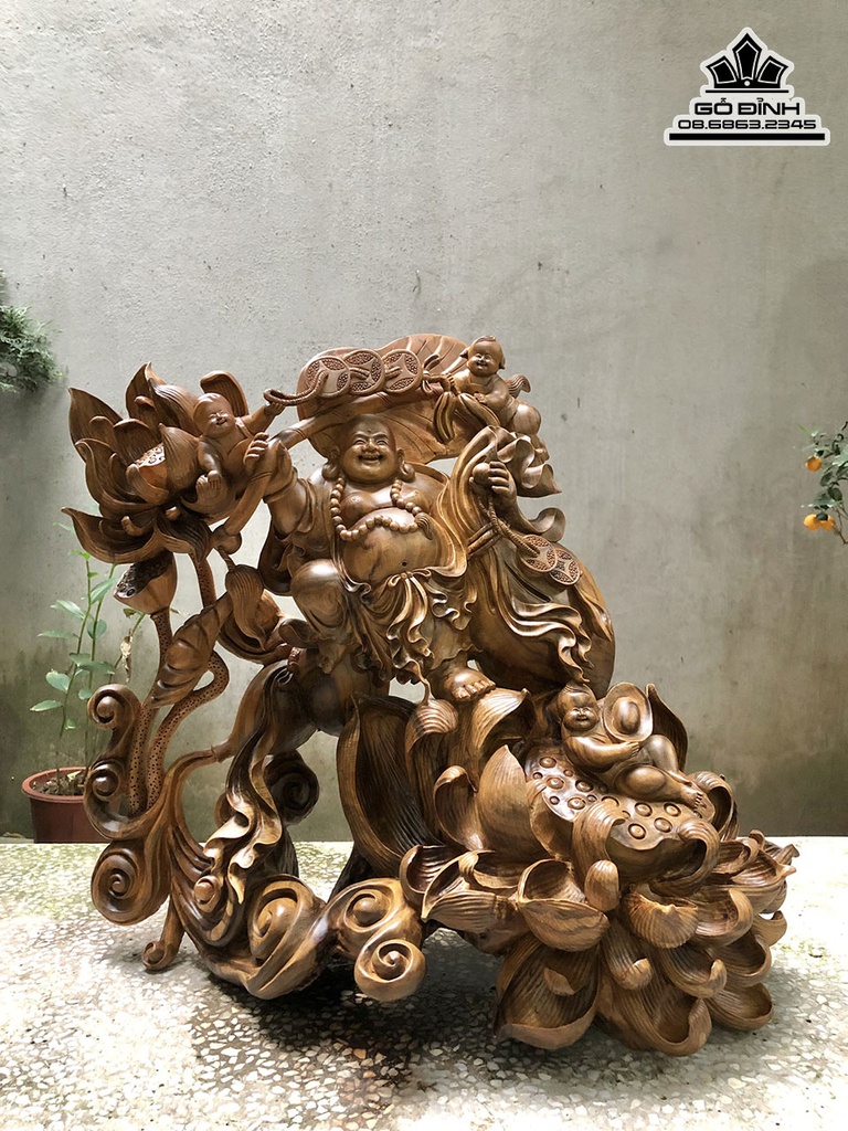 Tượng Phật Di Lặc Tam Phúc Gỗ Bách Xanh Cao 52 Ngang 60 Sâu 32 (cm)