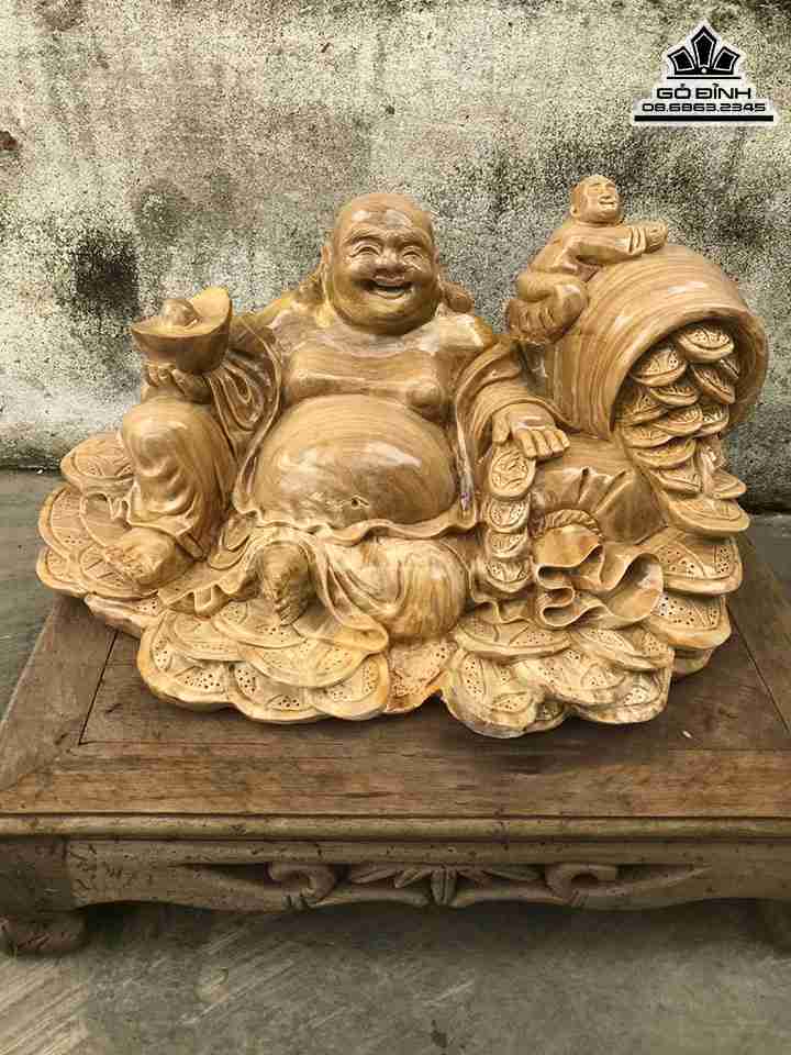 Tượng Phật Di Lặc Ngồi Nhất Phúc Gỗ Nu Nghiến  Cao 25 Ngang 44 Sâu 25 (cm)