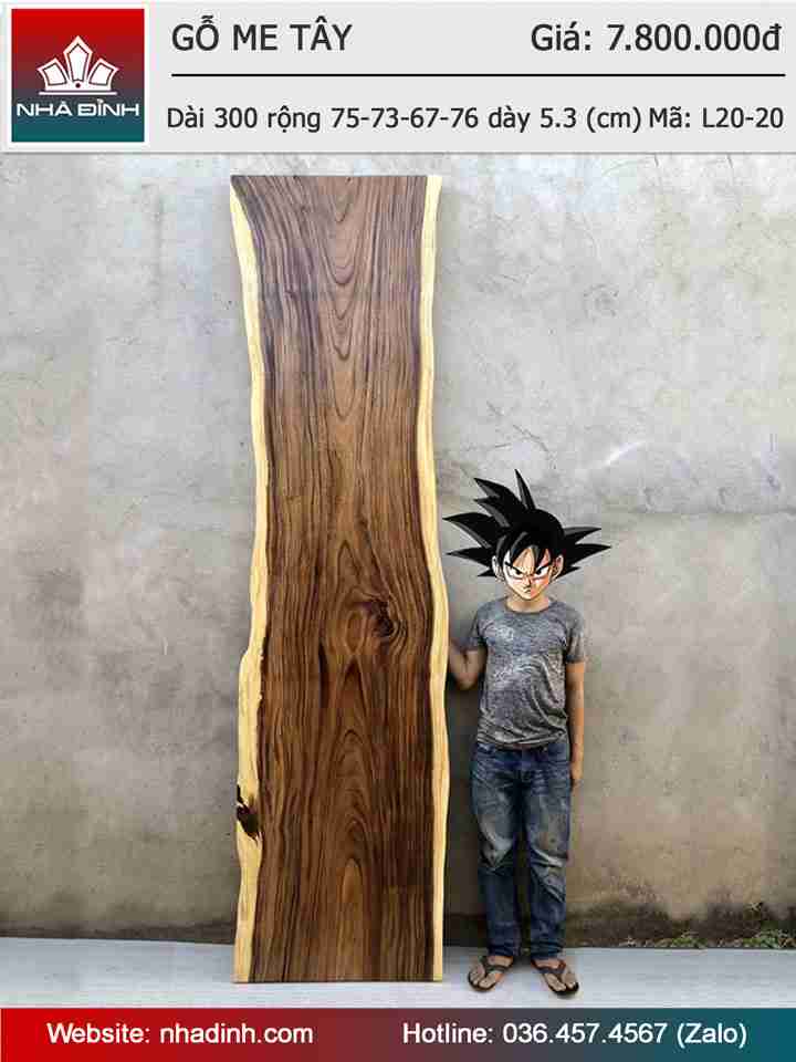 Mặt Bàn Gỗ Me Tây Nguyên Khối Dài 300 Rộng 75-73-67-76 Dày 5,3 (cm) 