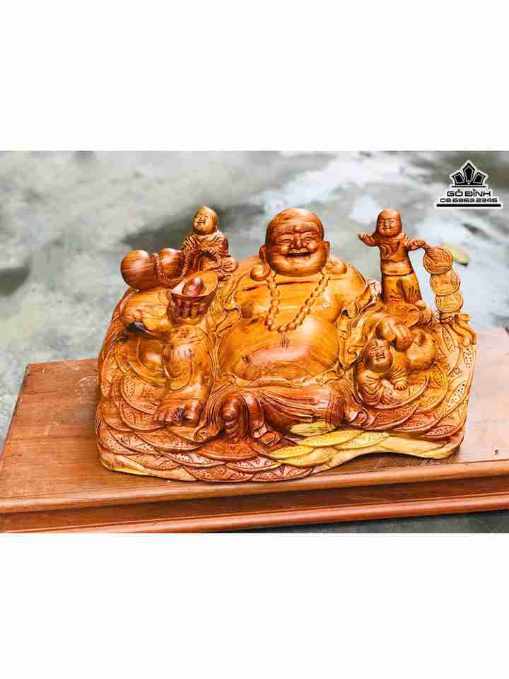 Tượng Phật Di Lặc Ngồi Tam Phúc Gỗ Hương  Cao 26 Ngang 46 Sâu 26 (cm)