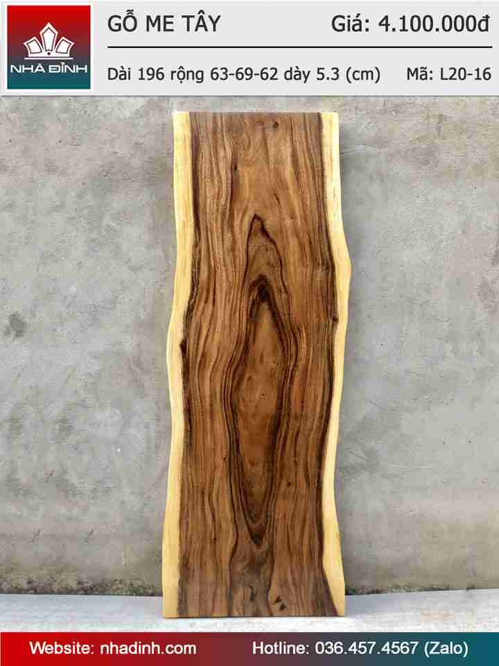 Mặt Bàn Gỗ Me Tây Nguyên Khối Dài 196 Rộng 63-69-62 Dày 5.3 (cm) 