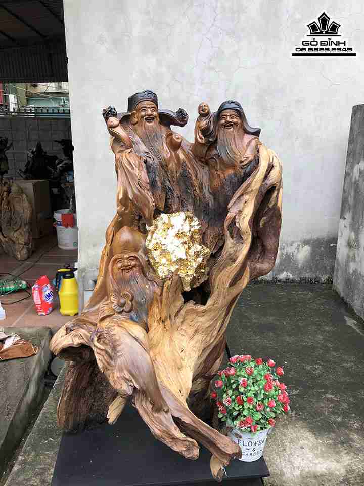 Tượng Tam Đa Phúc Lộc Thọ Gỗ Bách Xanh  Cao 78 Ngang 43 Sâu 30 (cm)