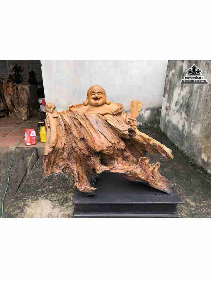 Tượng Phật Di Lặc Gỗ Lũa Bách Xanh  Cao 48 Ngang 64 Sâu 26 (cm)