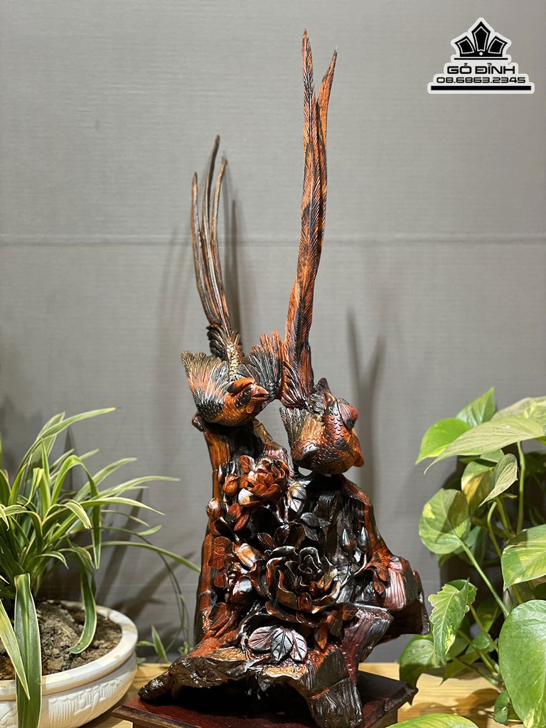 Tượng Đôi Chim Trĩ Gỗ Trắc Việt Cao 65 Ngang 25 Sâu 20 (cm)