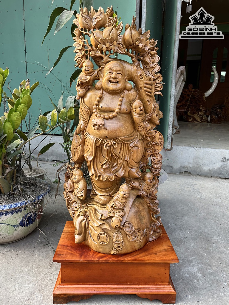 Tượng Phật Di Lặc Ngũ Phúc Đứng Bao Tiền Gỗ Bách Xanh Cao 90 Ngang 40 Sâu 26 (cm)