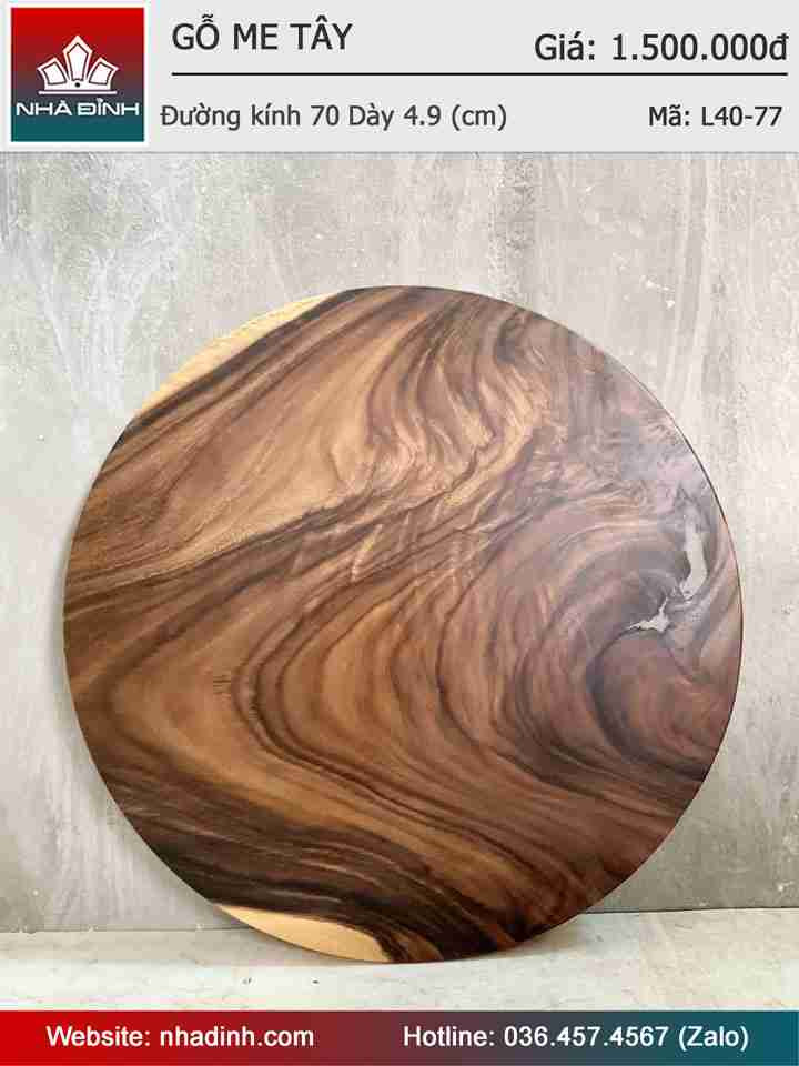 Mặt Bàn Tròn Gỗ Me Tây Nguyên Khối Đường Kính 70 Dày 4,9 (cm