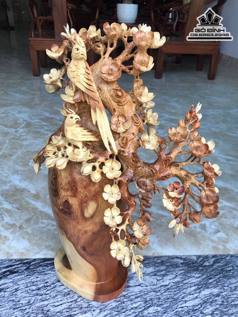 Bình Hoa Mai Điểu Gỗ Hương Cao 61 Ngang 42 Sâu 23 (cm)