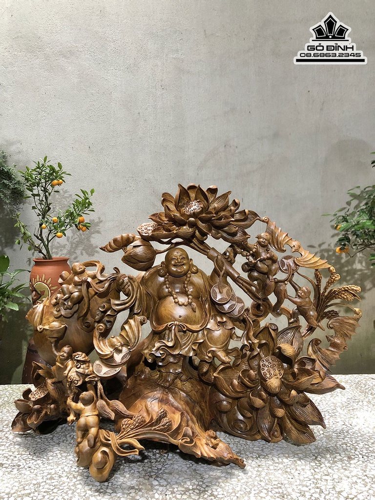 Tượng Phật Di Lặc Ngũ Phúc Gỗ Bách Xanh Cao 63 Ngang 75 Sâu 30 (cm)