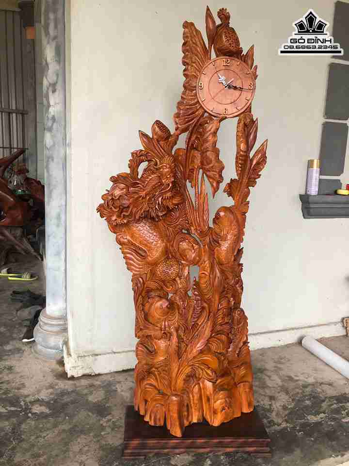 Đồng Hồ Cá Chép Hóa Rồng Gỗ Hương  Cao 152 Ngang 62 Sâu 23 (cm)