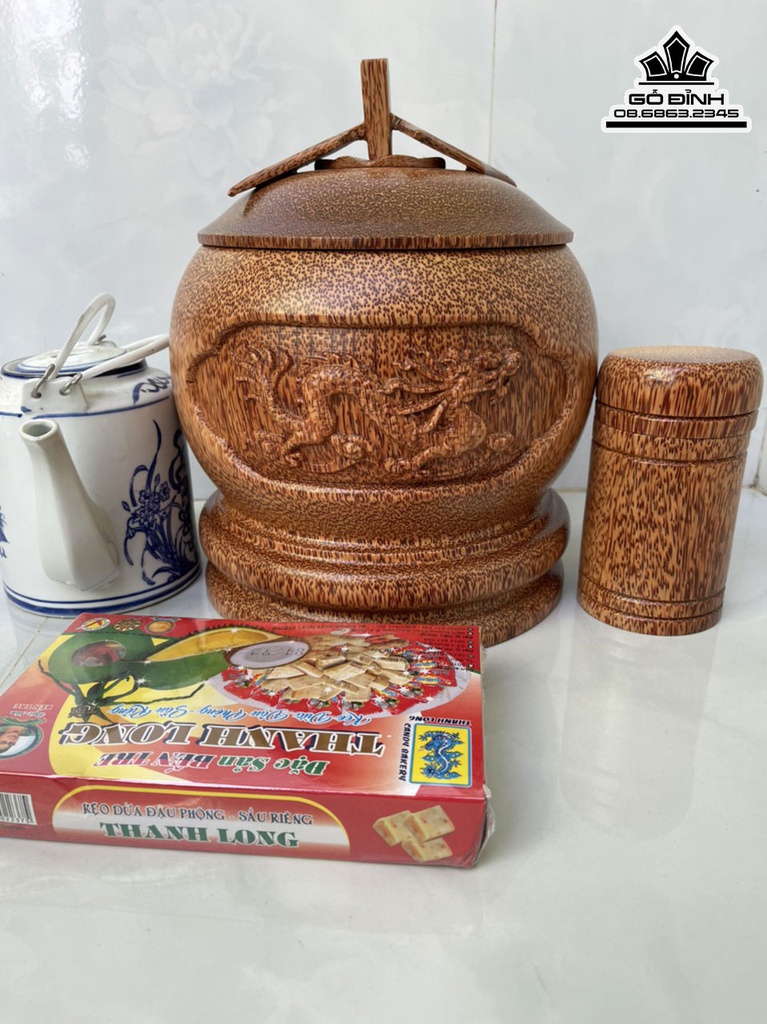 Vỏ Bình Giữ Nhiệt Khắc Rồng Gỗ Dừa Dung Tích 1.5 Lít