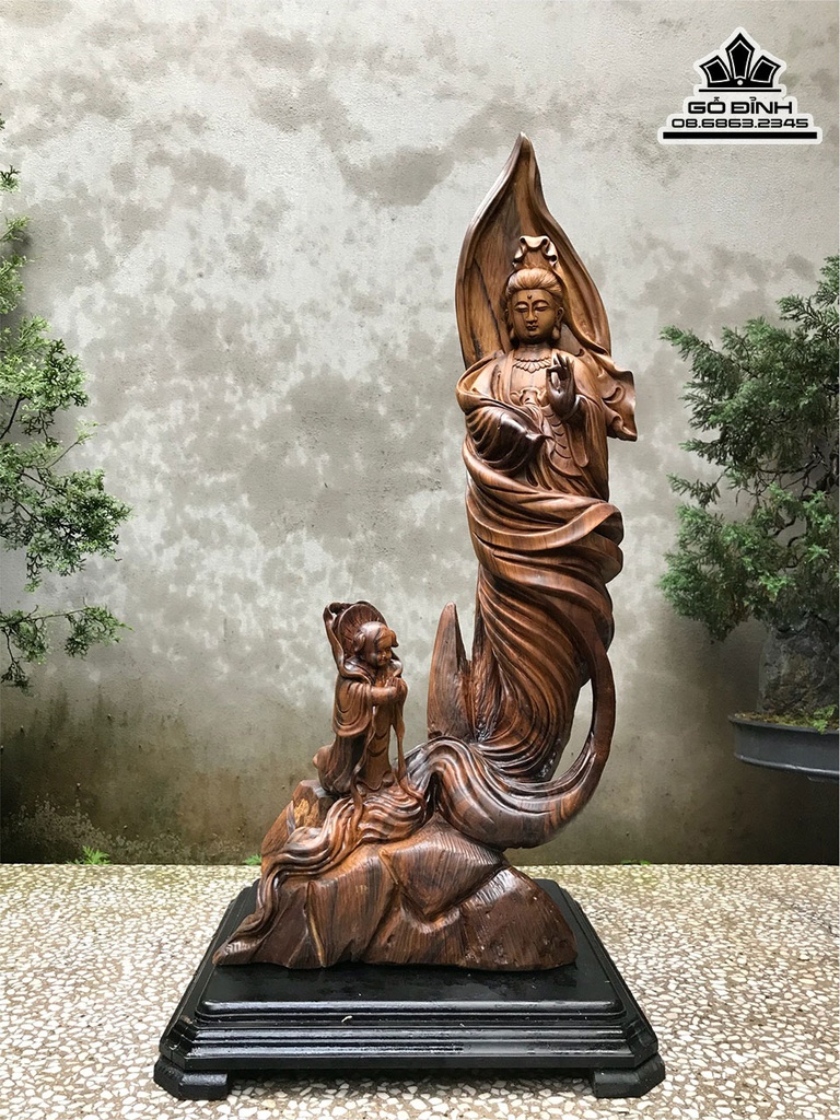 Tượng Phật Quan Âm  Gỗ Bách Xanh Cao 70 Ngang 32 Sâu 24 (cm)