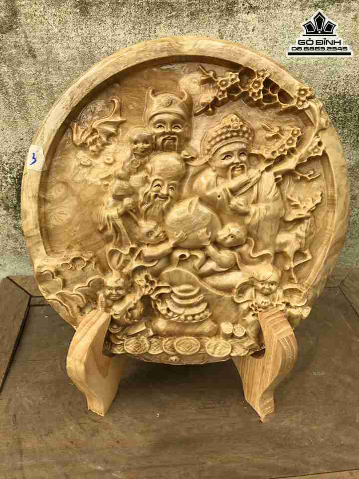 Đĩa Tam Đa Phúc Lộc Thọ Gỗ Nu Nghiến  Đường Kính 27 Dày 2.5 (cm)