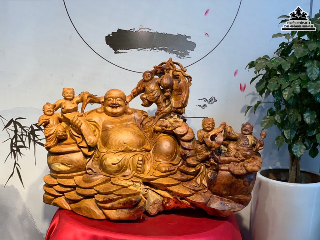 Tượng Phật Di Lặc Ngũ Phúc Gỗ Hương Ôm Đá Cao 51 Ngang 75 Sâu 40 (cm)