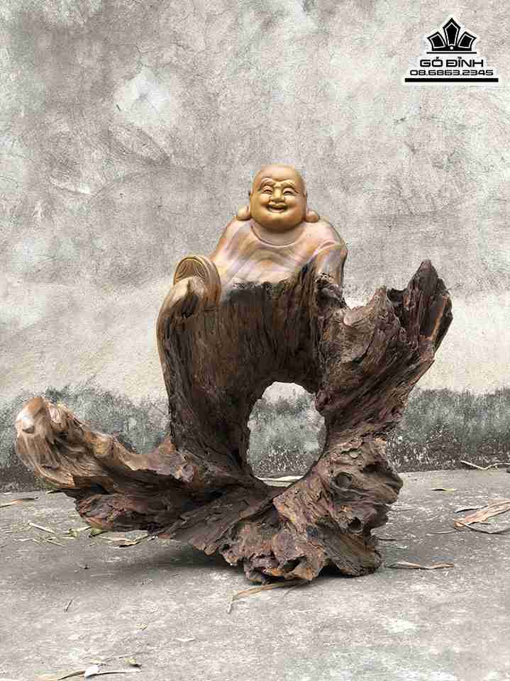 Tượng Phật Di Lặc Gỗ Lũa Bách Xanh  Cao 66 Ngang 66 Sâu 55 (cm)