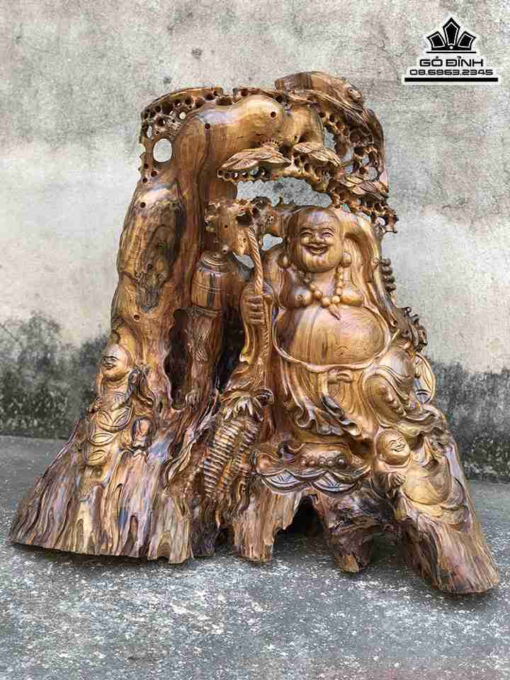 Tượng Phật Di Lặc Đứng Gốc Tùng Gỗ Bách Xanh  Cao 55 Rộng 56 Sâu 28 (cm)