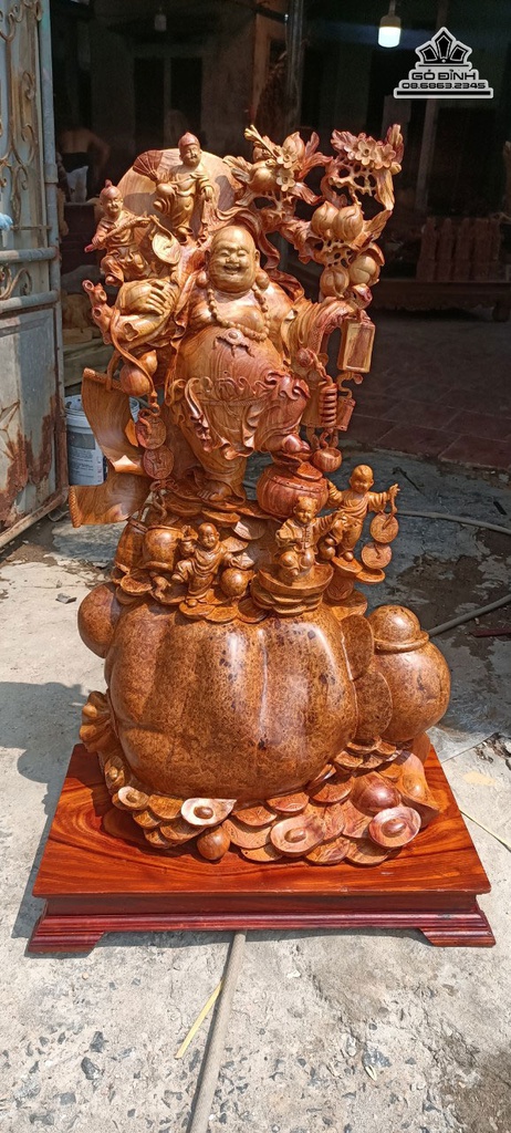 Tượng Phật Di Lặc Ngũ Phúc Vác Cành Đào  Gỗ Nu Hương Cao 116 Ngang 70 Sâu 40 (cm)