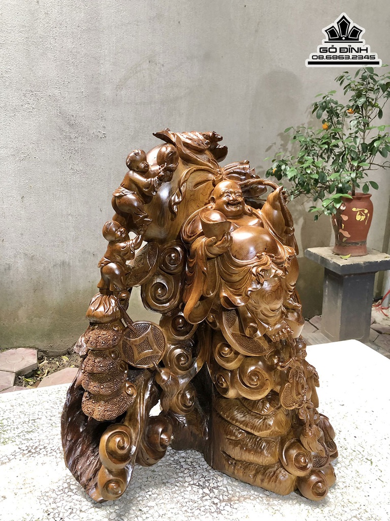 Tượng Phật Di Lặc Gỗ bách Xanh Cao 60 Ngang 48 Sâu 36 (cm)