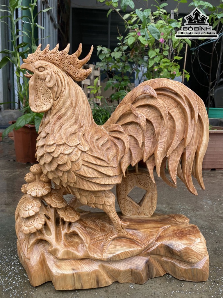 Tượng Gà Trống (Nhất Kê) Gỗ Ngọc Am Cao 48 Ngang 41 Sâu 22 (cm)