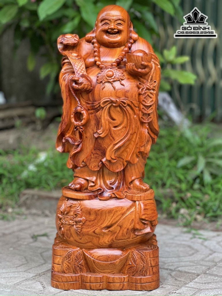 Tượng Phật Di Lặc Đứng Bao Tiền Gỗ Hương cao 60 Ngang 23 Sâu 19 (cm)