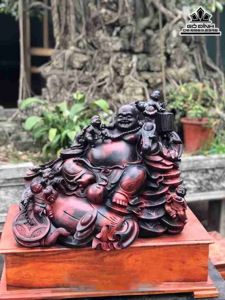 Tượng Phật Di Lặc Ngồi Ngũ Phúc Gỗ Trắc  Cao 40 Ngang 50 Sâu 40 (cm)