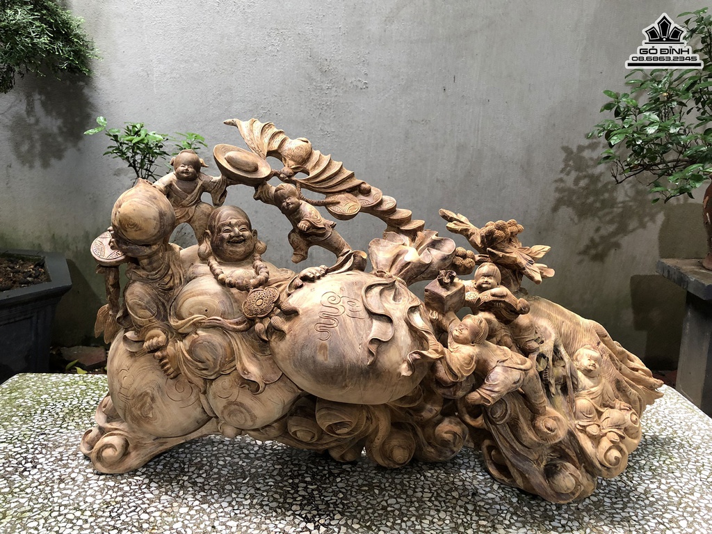 Tượng Phật Di Lặc Ngũ Phúc Ngồi Bao Tiền Gỗ Ngọc Am Cao 45 Ngang 80 Sâu 30 (cm)