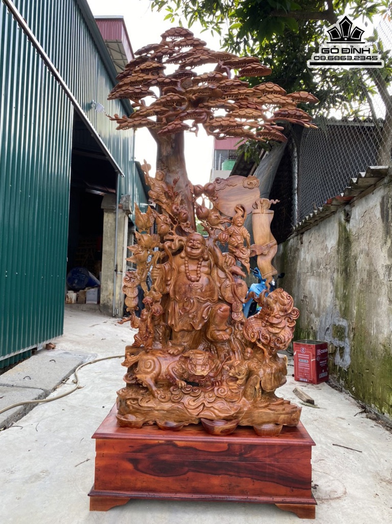 Tượng Phật Di Lặc Ngũ Phúc Thuần Nghê Đứng Gốc Tùng Gỗ Hương Việt Cao Cả Kỷ 223 Ngang 110 Sâu 46 (cm)
