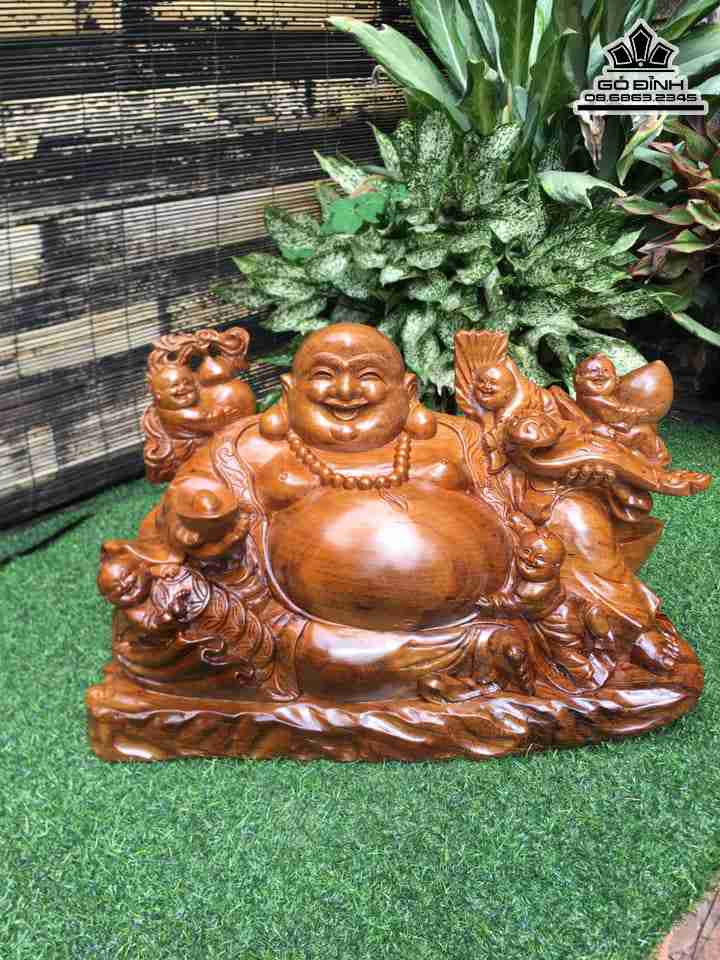 Tượng Phật Di Lặc Ngũ Phúc Gỗ Bách Xanh  Cao 40 Ngang 56 Sâu 23 (cm)