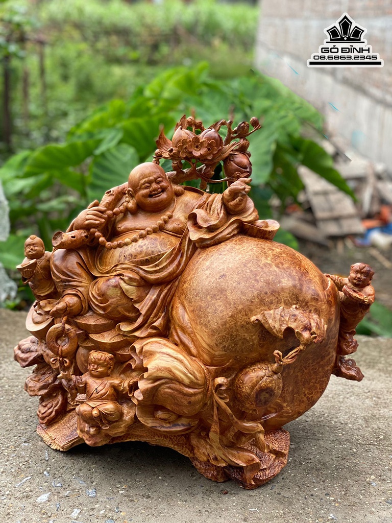 Tượng Phật Di Lặc Nhị Phúc Ngồi Bao Tiền Gỗ Nu Hương Cao 52 Ngang 60 Sâu 38 (cm)