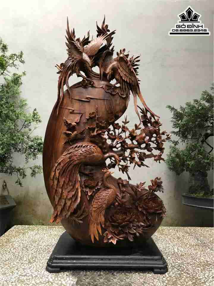 Tượng Uyên Ương Hồ Điệp Mộng Gỗ Bách Xanh  Cao 98 Ngang 56 Sâu 23 (cm)