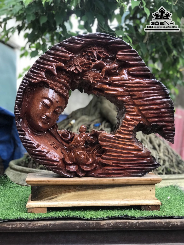 Tượng Nhất Tâm Bái Phật Gỗ Lũa Hương Cao 54 Ngang 50 Sâu 14 (cm)