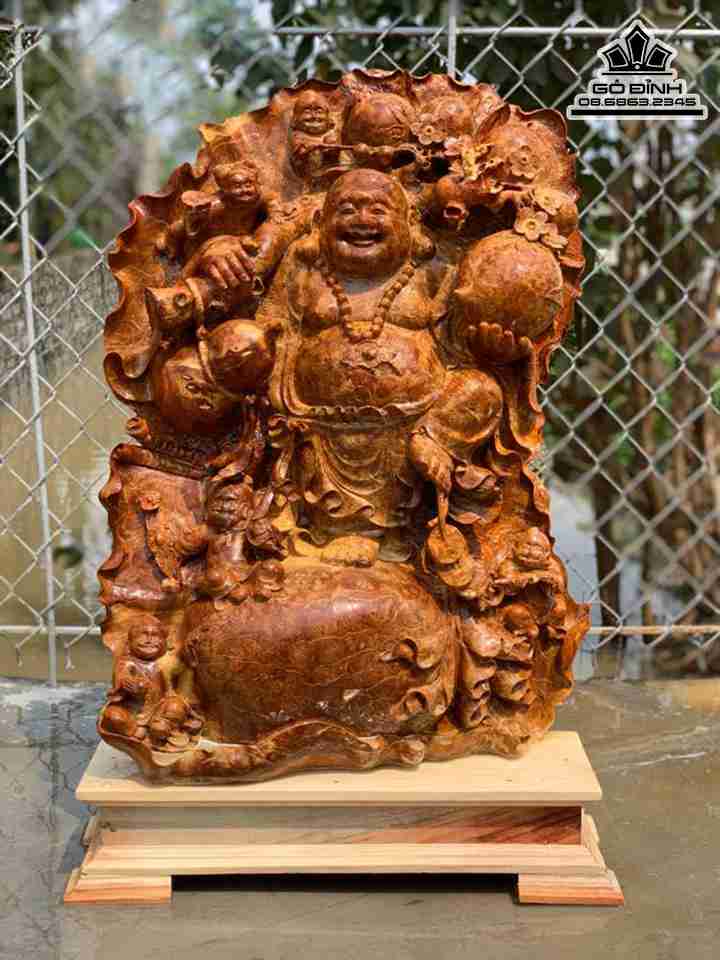 Tượng Phật Di Lặc Vác Cành Đào Gỗ Nu Hương  Cao 76 Rộng 50 Sâu 13 (cm)