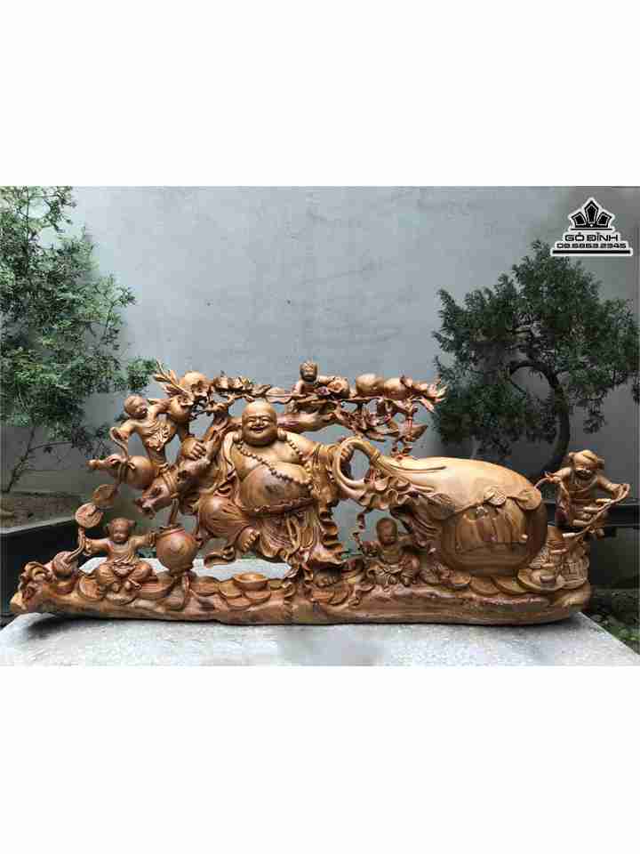 Tượng Phật Di Lặc Kéo Bao Tiền Gỗ Xá Xị ( Gù Hương )   Cao 56 Rộng 116 Dày 30 (cm)