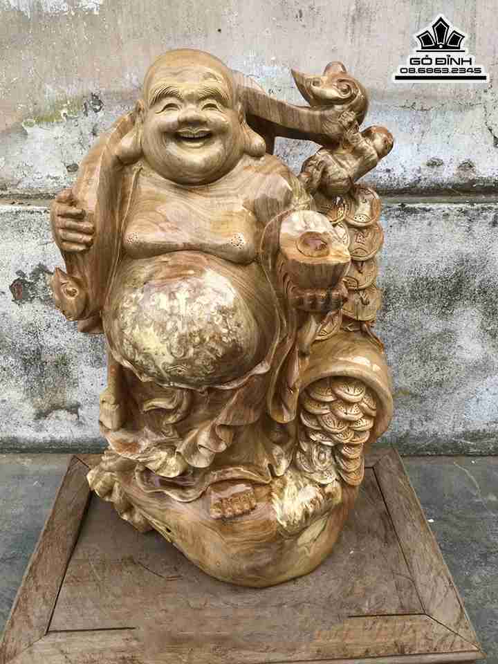 Tượng Phật Di Lặc Vác Gậy Như Ý Gỗ Nu Nghiến  Cao 55 Rộng 35 Sâu 16 (cm)