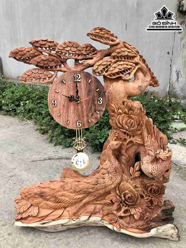 Đồng Hồ Phu Thê Viên Mãn Gỗ Hương  Cao 74 Rộng 62 Sâu 30 (cm)