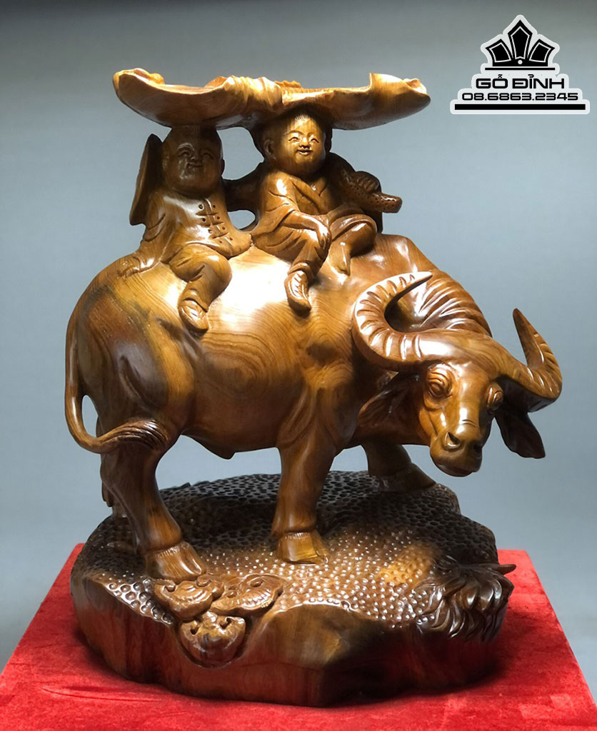 Tượng Tiểu Đồng Chăn Trâu Gỗ Ngọc Am Liền Khối Cao 46 Ngang 40 Sâu 29 (cm)