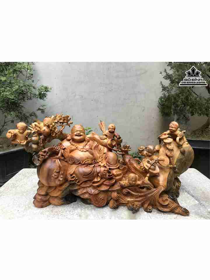 Tượng Phật Di Lặc Ngồi Ngũ Phúc Gỗ Xá Xị ( Gù Hương )  Cao 42 Rộng 90 Dày 30 (cm)