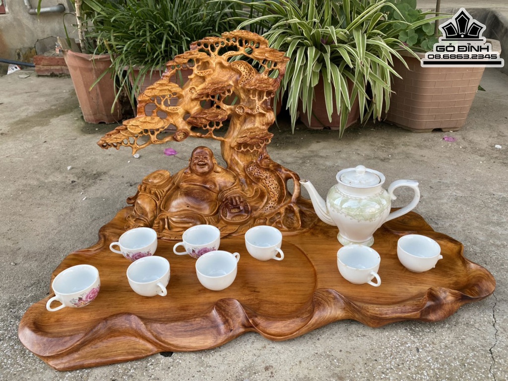 Khay Trà Phật Di Lặc Gỗ Hương Việt Liền Khối Cao 34 Ngang 67 Sâu 38 (cm)