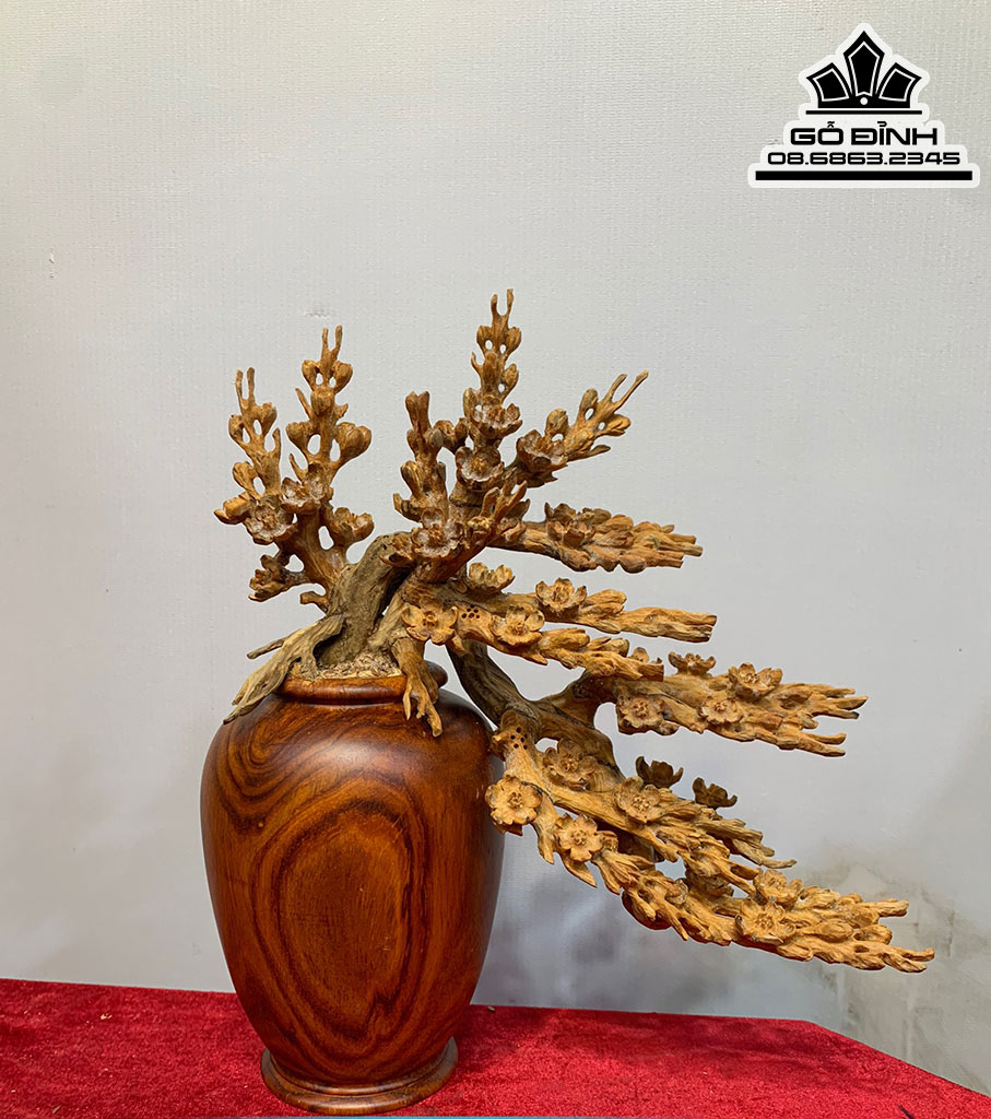 Bình Bông Mai Điểu Gỗ Hoàng Đàn Bình Gỗ Sưa Cao 29 Ngang 25 Sâu 12 (cm)