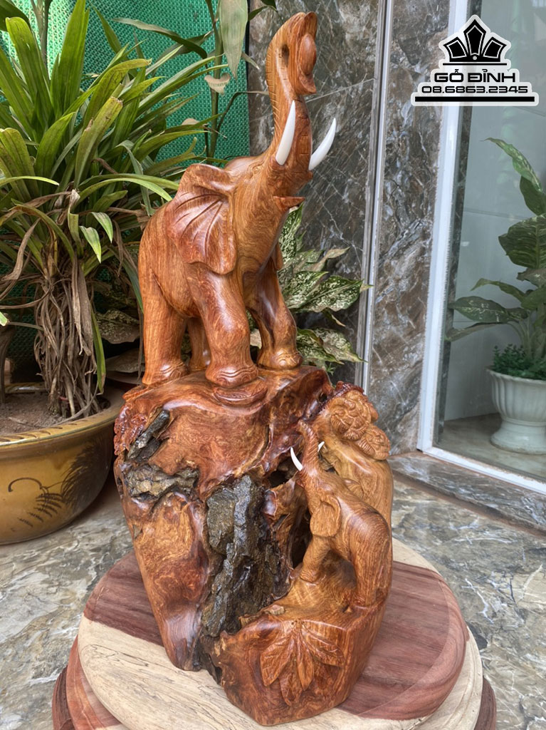 Tượng Voi Mẫu Tử Gỗ Hương Việt Liền Khối Cao 56 Ngang 36 Sâu 28 (cm)