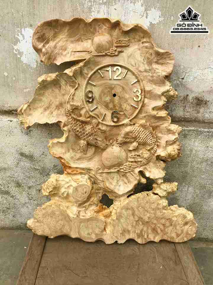 Đồng Hồ Song Ngư Gỗ Nu Nghiến  Cao 64 Rộng 52 Dày 2.5 (cm)