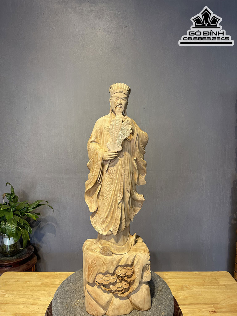 Tượng Khổng Minh Gia Cát Lượng Gỗ Ngọc Am Cao 80 Ngang 23 Sâu 16 (cm)