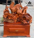 Tượng Gia Đình Gà Gỗ Hương Việt Liền Khối Cao 68 Ngang 98 Sâu 76 (cm)